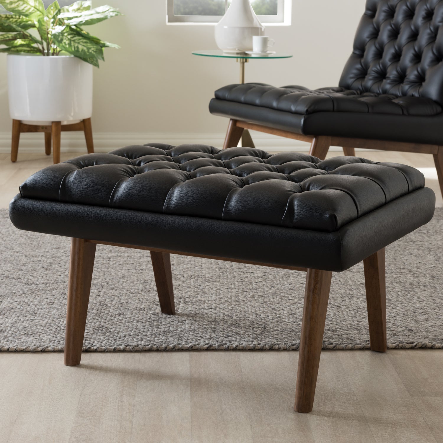 Annetha Ottoman - Mid-Century Modern Black Faux Leather with Walnut Finished Wood Base