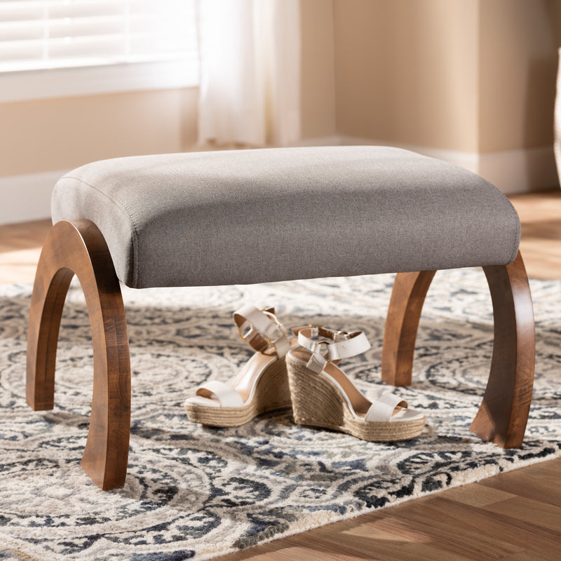 Sandrine Ottoman Modern and Contemporary Grey Fabric Upholstered Walnut Brown Finished Wood