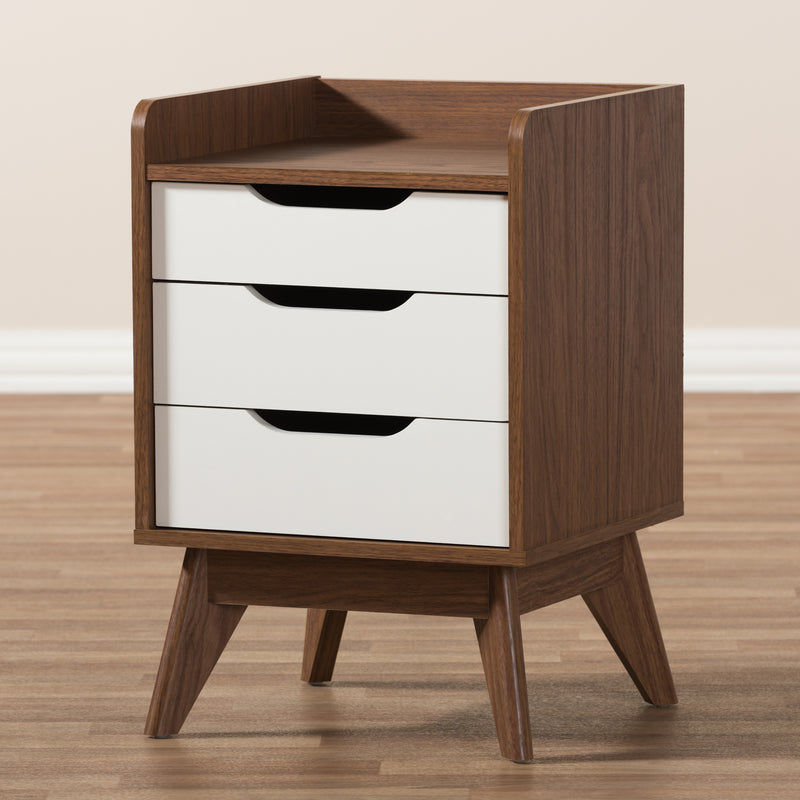 Brighton Nightstand - Mid-Century Modern 3-Drawer Storage in White and Walnut