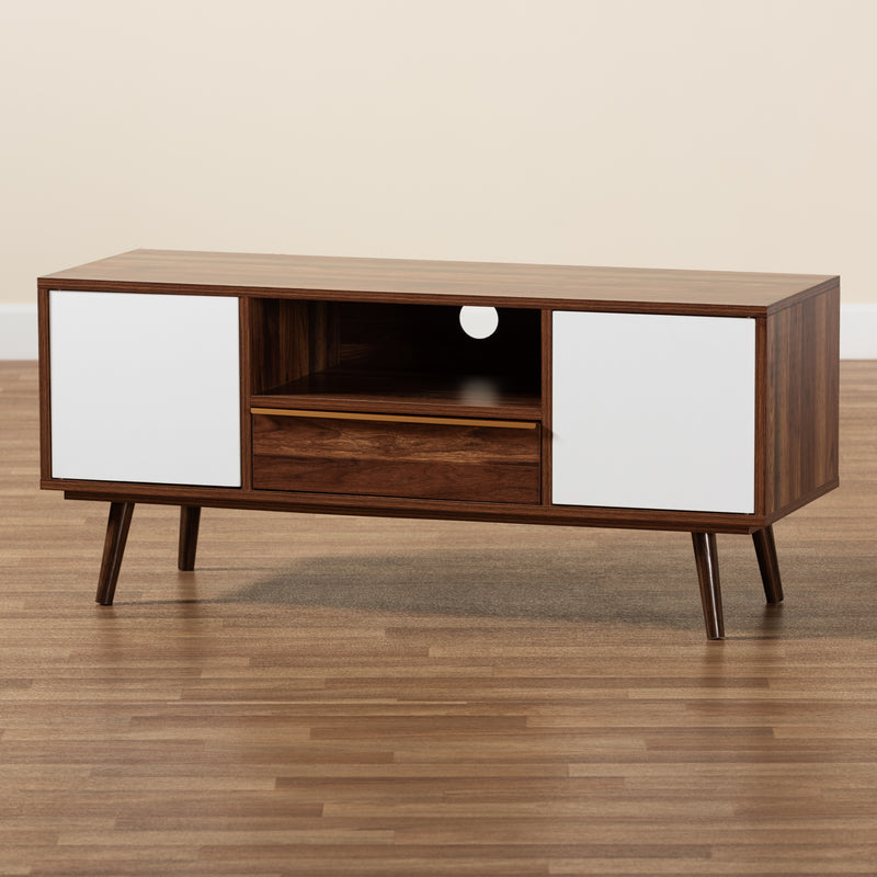 Grover Mid-Century Modern TV Stand - Two-Tone Cherry Brown and White Wood with 2 Doors for Stylish Living Room Storage