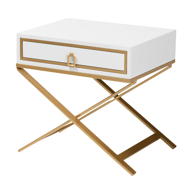 Lilibet End Table Modern Glam Luxe Design White Finished Wood Gold Metal 1 Drawer for Stylish Storage