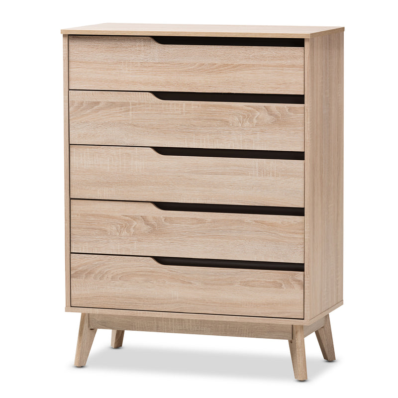 Fella Mid-Century Modern 5-Drawer Chest in Two-Tone Oak and Grey Finish for Stylish Bedroom Storage