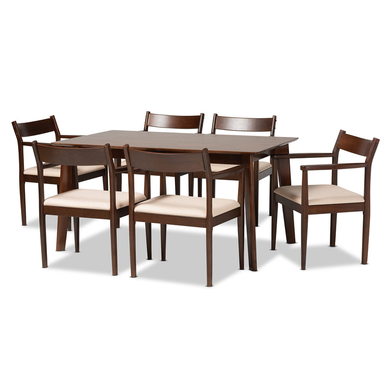 Coretta Dining Set - Mid-Century Modern 7-Piece Cream Fabric and Dark Brown Wood Furniture for Elegant Dining Rooms