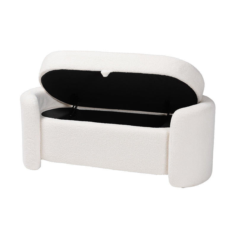 Oakes Modern Storage Bench in Ivory Boucle Upholstery with Stylish Design and Functional Storage