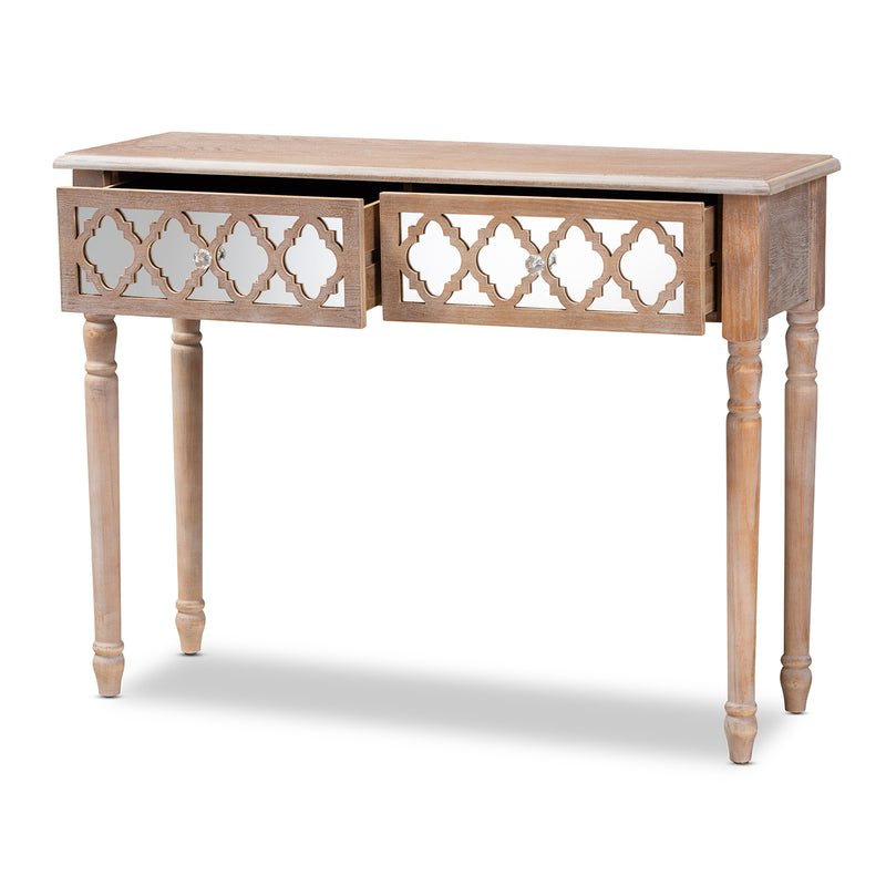 Celia Console Table - Rustic French Country Design with White-Washed Wood and Mirror, 2 Drawers and Quatrefoil Accents