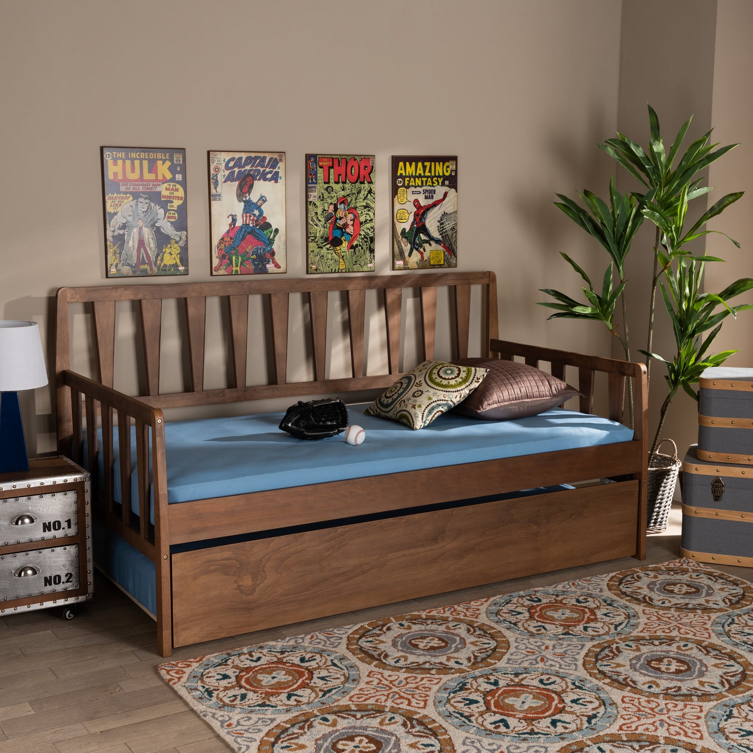 Midori Twin Size Daybed Modern Contemporary Design in Walnut Brown Finished Wood with Roll-Out Trundle Bed