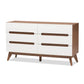 Calypso Mid-Century Modern 6-Drawer Storage Dresser in White and Walnut for Stylish Bedroom Organization