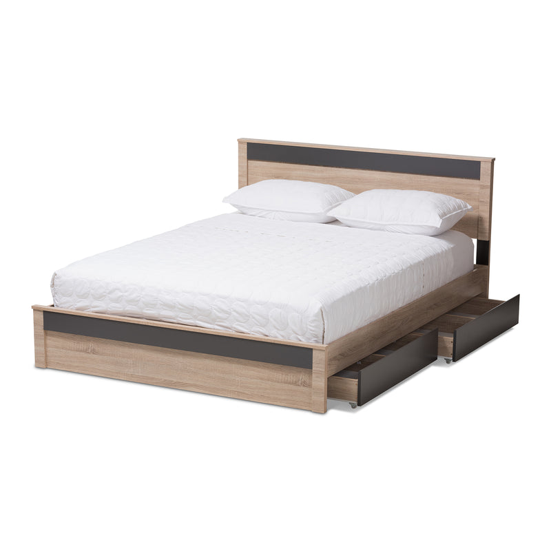 Jamie Queen Size Storage Platform Bed - Modern Two-Tone Oak and Grey Wood with 2 Drawers for Enhanced Organization and Style