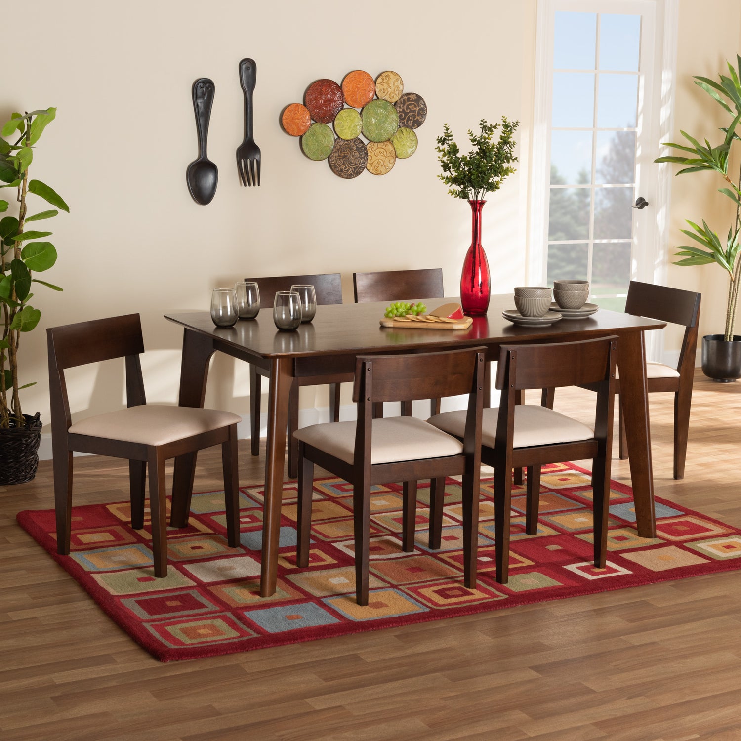 Camilla 7-Piece Dining Set in Mid-Century Modern Style with Cream Upholstery and Dark Brown Wood Finish