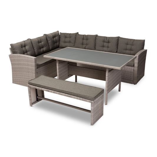 Eneas Sofa Set Modern and Contemporary Dark Grey Fabric Upholstered and Grey Rattan 3-Piece Outdoor Patio Lounge Corner