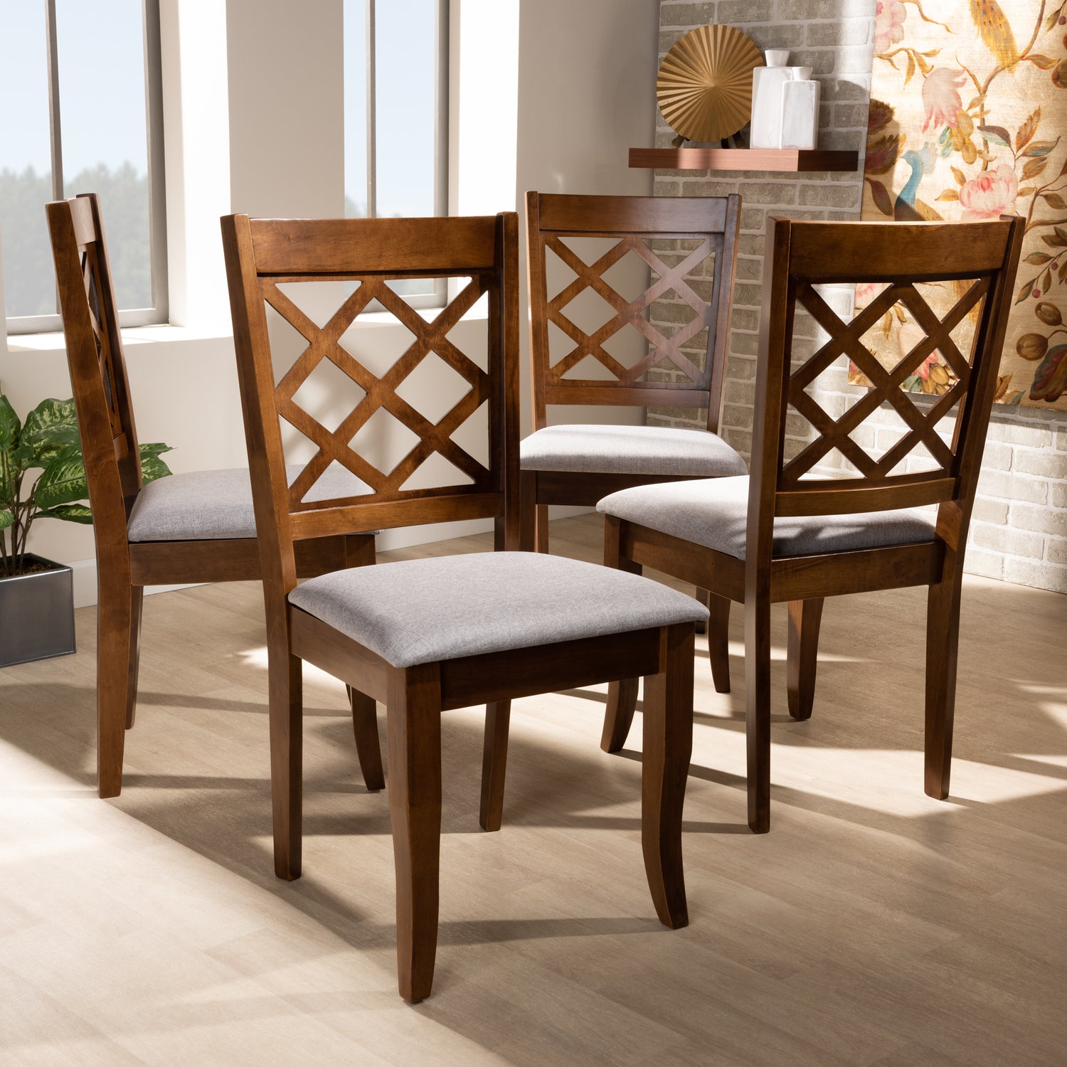 Brigitte Dining Chair Set - Modern 4-Piece Grey Fabric Upholstered Chairs with Walnut Brown Finished Wood Legs