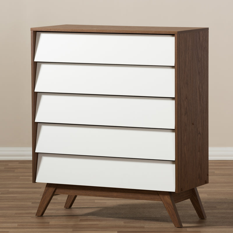 Hildon Mid-Century Modern 5-Drawer Storage Chest in White and Walnut for Stylish Organization and Home Décor