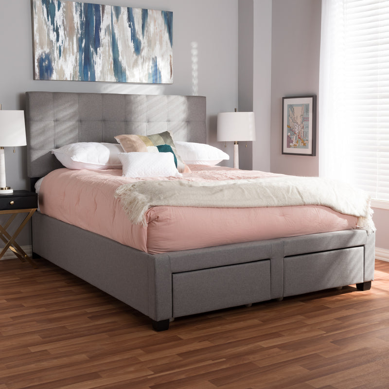 Tibault Queen Size Storage Bed Modern Grey Fabric Upholstered Design with Ample Under-Bed Storage