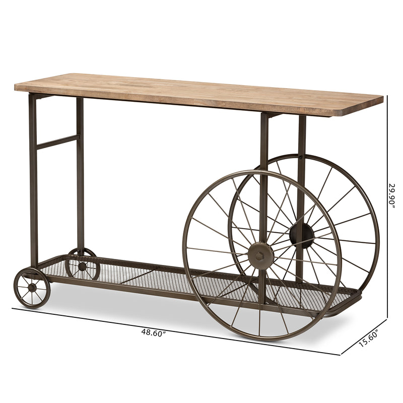 Terence Console Table Vintage Rustic Industrial Design with Natural Wood Finish and Black Metal Wheels