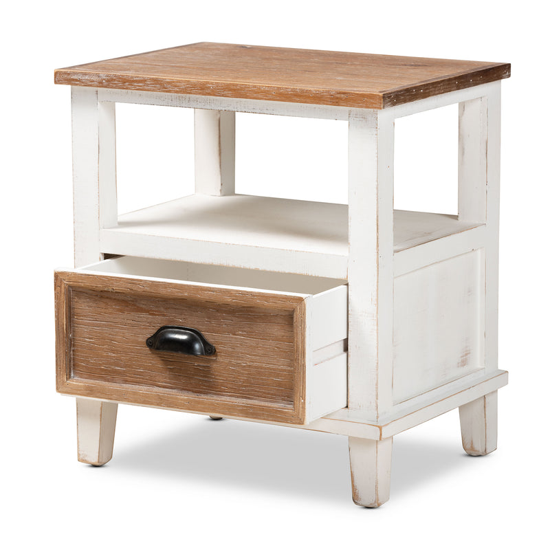 Glynn Rustic Farmhouse End Table Weathered Two-Tone White and Oak Brown Wood with 1 Drawer for Living Room or Bedroom Storage