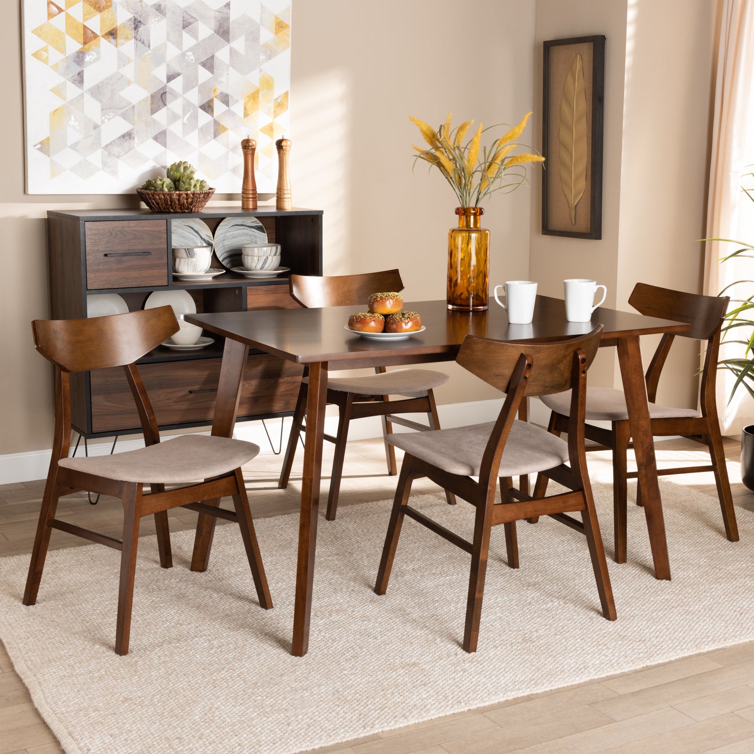 Lois Dining Set Mid-Century Modern Transitional Light Beige Fabric Upholstered Walnut Brown Finished Wood 5-Piece