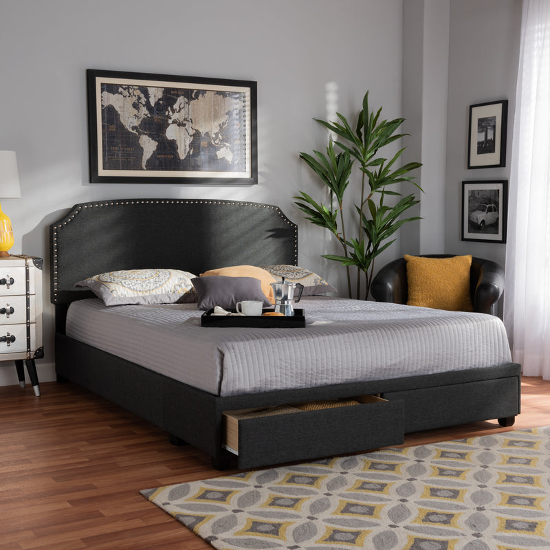 Larese Queen Size Platform Storage Bed Dark Grey Fabric Upholstered with 2 Convenient Drawers for Storage