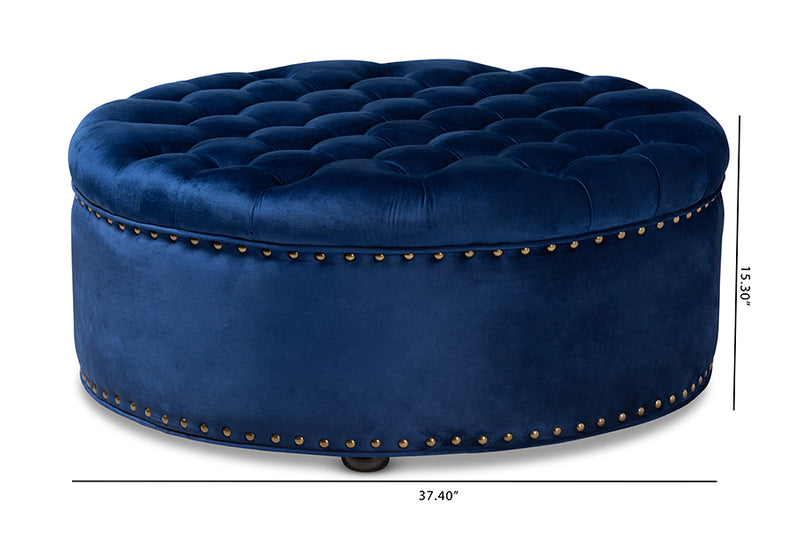 Iglehart Ottoman Modern and Contemporary Royal Blue Velvet Fabric Upholstered Tufted