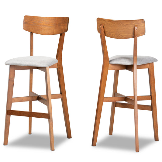 Cameron Modern and Contemporary Transitional Grey Fabric Upholstered and Walnut Brown Finished Wood 2-Piece Bar Stool Set