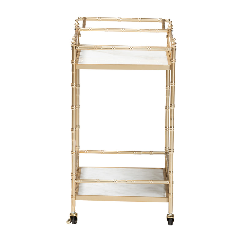 Mela 2-Tier Wine Cart - Contemporary Glam Design with Gold Metal Frame and White Marble Shelves