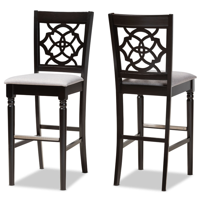 Alexandra Bar Stool Set Modern and Contemporary Grey Fabric Upholstered Espresso Brown Finished Wood 2-Piece