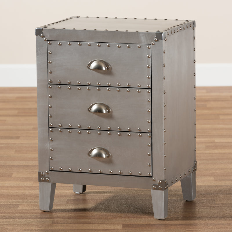 Claude French Industrial End Table with 3 Drawers in Silver Finish