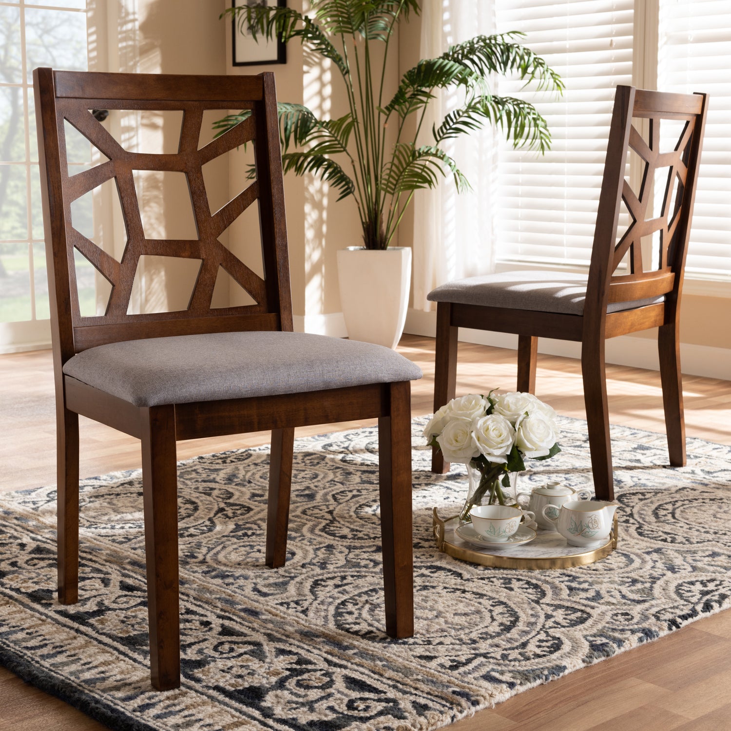 Abilene Dining Chair Set of 2 Grey Fabric Upholstered Walnut Brown Finished Mid-Century