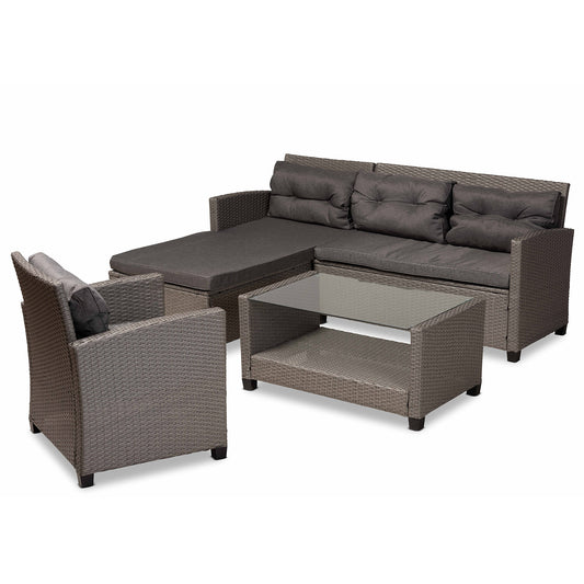 Darian Patio Set Modern 4-Piece Outdoor Furniture in Grey Fabric Upholstery and Synthetic Rattan