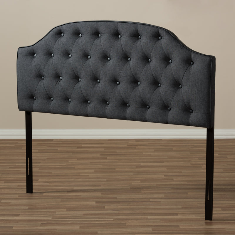 Windsor Queen Size Headboard Modern Dark Grey Fabric Upholstered with Scalloped Button Design and Tufting