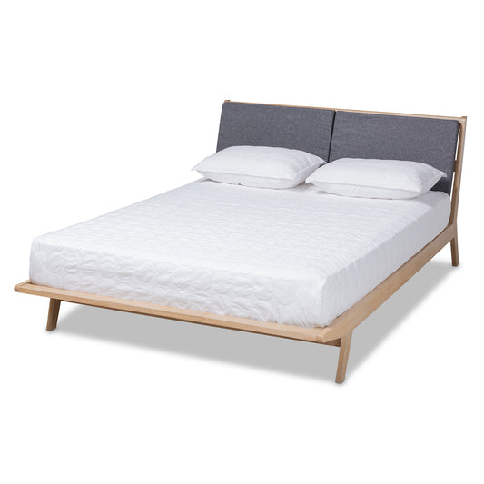 Emile Platform Bed - Modern and Contemporary Grey Fabric Upholstered with Natural Oak Finished Wood