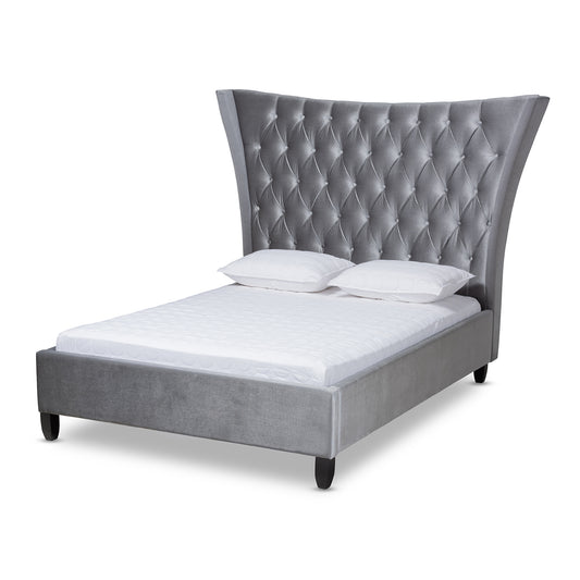 Viola Glam and Luxe Grey Velvet Fabric Upholstered Button Tufted Platform Bed