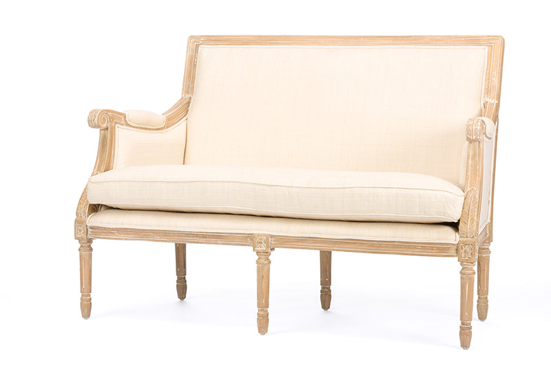 Chavanon Traditional French Loveseat in Wood and Light Beige Linen for Elegant Living Room Seating