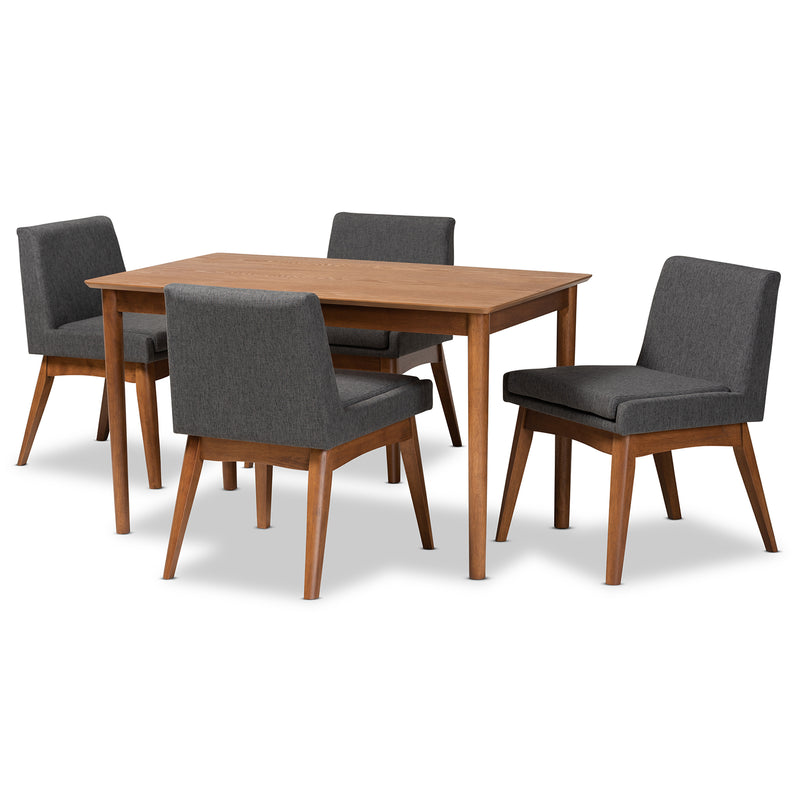 Nexus Dining Set Mid-Century Modern Dark Grey Fabric Upholstered Walnut Brown Finished Wood 5-Piece