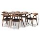 Harland Dining Set Mid-Century Modern Black Faux Leather Upholstered Walnut Brown Finished Wood 7-Piece