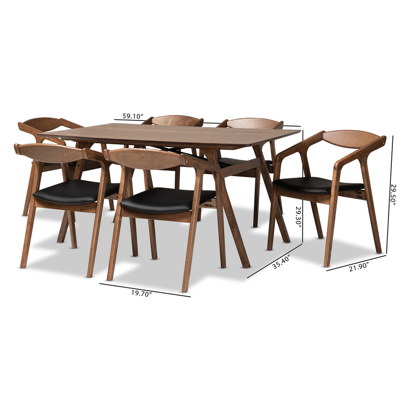 Harland Dining Set Mid-Century Modern Black Faux Leather Upholstered Walnut Brown Finished Wood 7-Piece