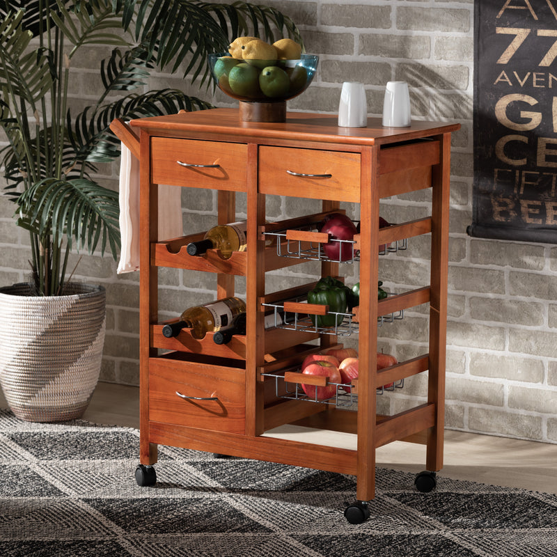 Crayton Mobile Kitchen Storage Cart - Modern Design with Oak Brown Wood and Silver-Tone Metal Accents