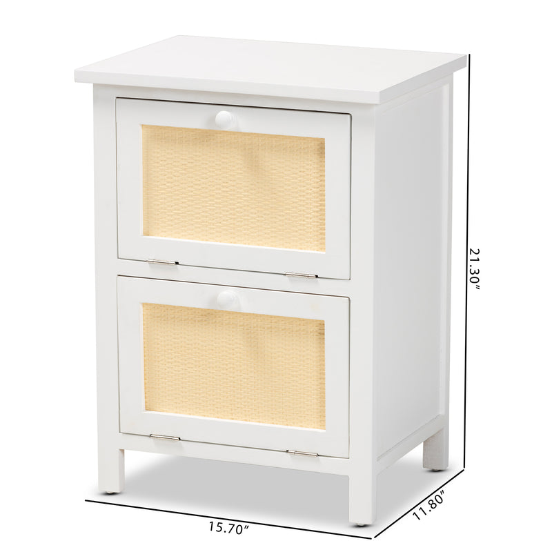 Sariah End Table - Mid-Century Modern Design with White Wood and Rattan, 2-Door Storage for Living Room or Bedroom