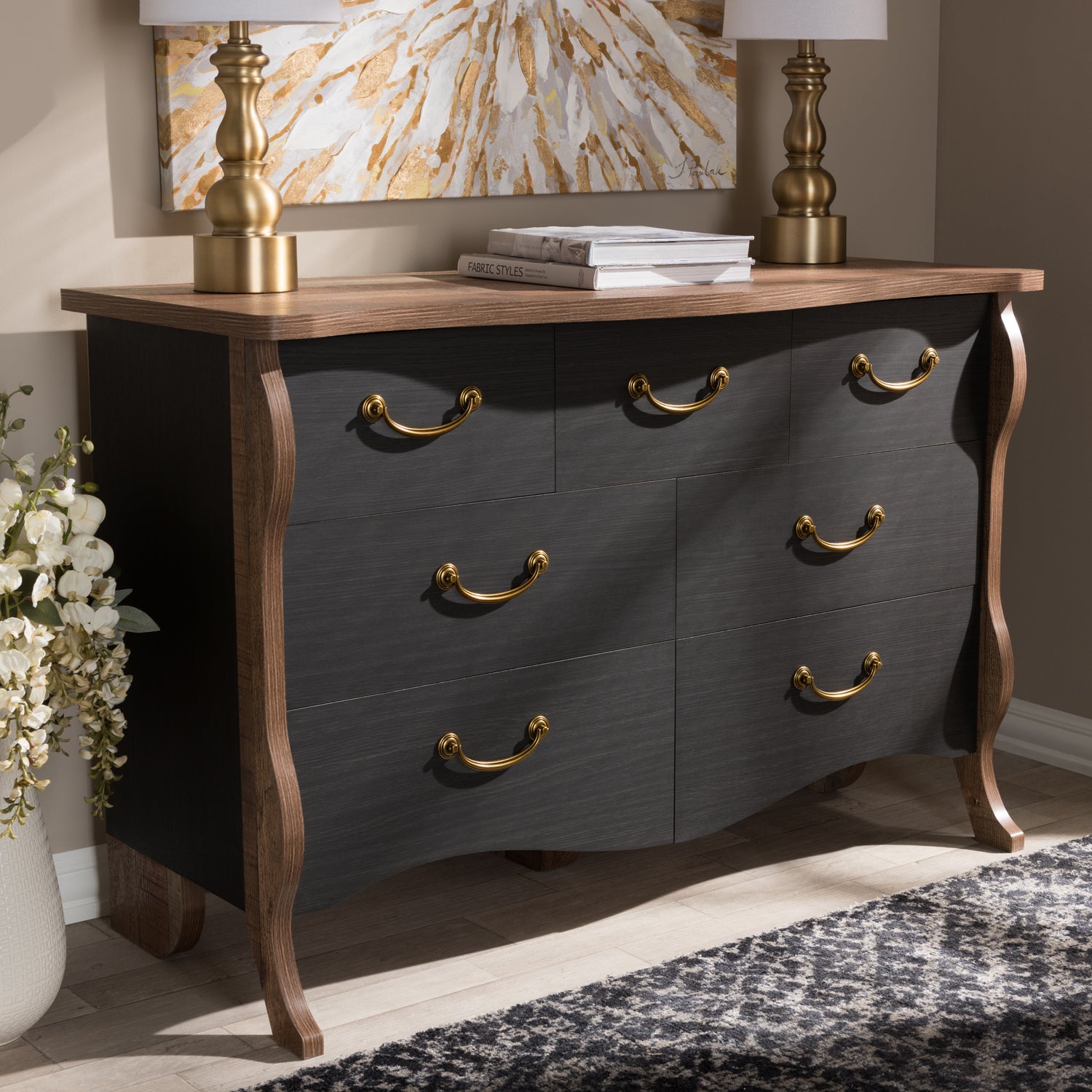 Romilly 7-Drawer Dresser in Black and Oak Finished Wood - Country Cottage Farmhouse Storage Solution