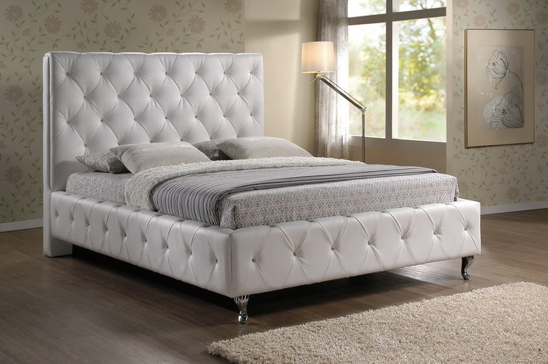 Stella King Size Modern Bed with Upholstered Headboard and Crystal Tufting in White