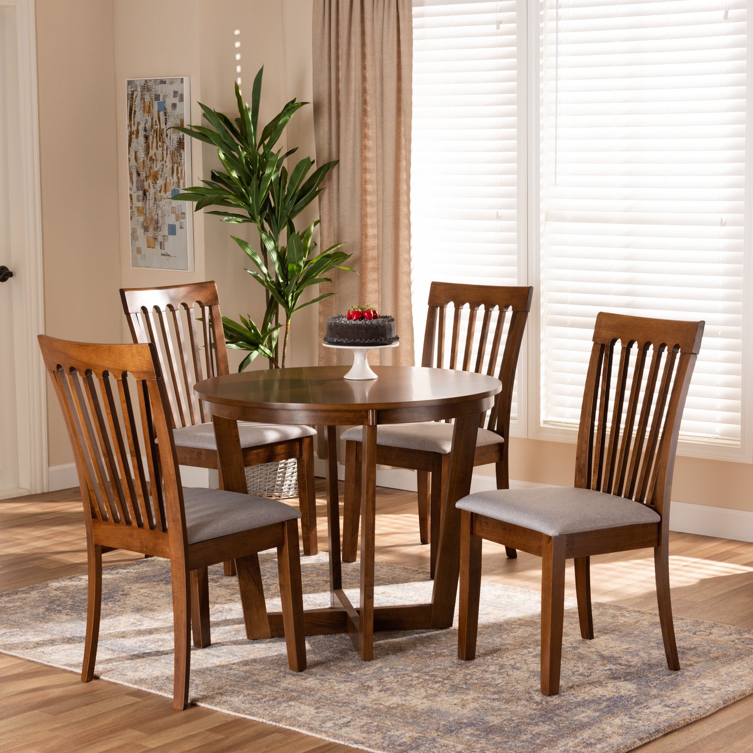 Andi 5-Piece Dining Set Modern Grey Fabric Upholstered Chairs with Walnut Brown Finished Wood Table