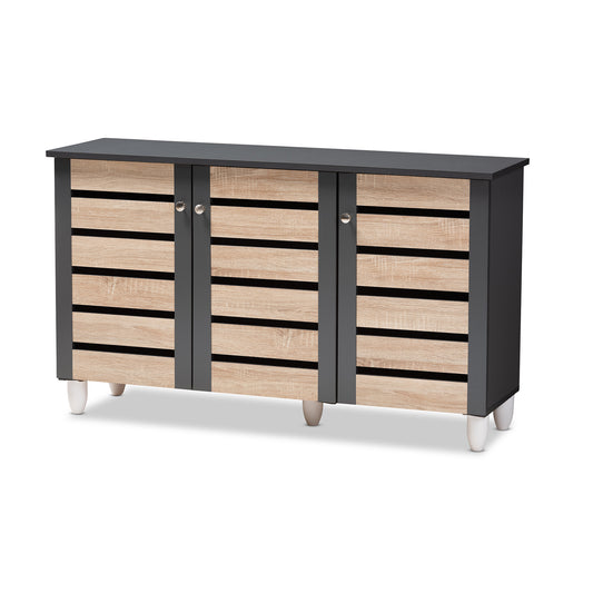 Gisela Shoe Storage Cabinet Modern and Contemporary Two-Tone Oak and Dark Gray 3-Door