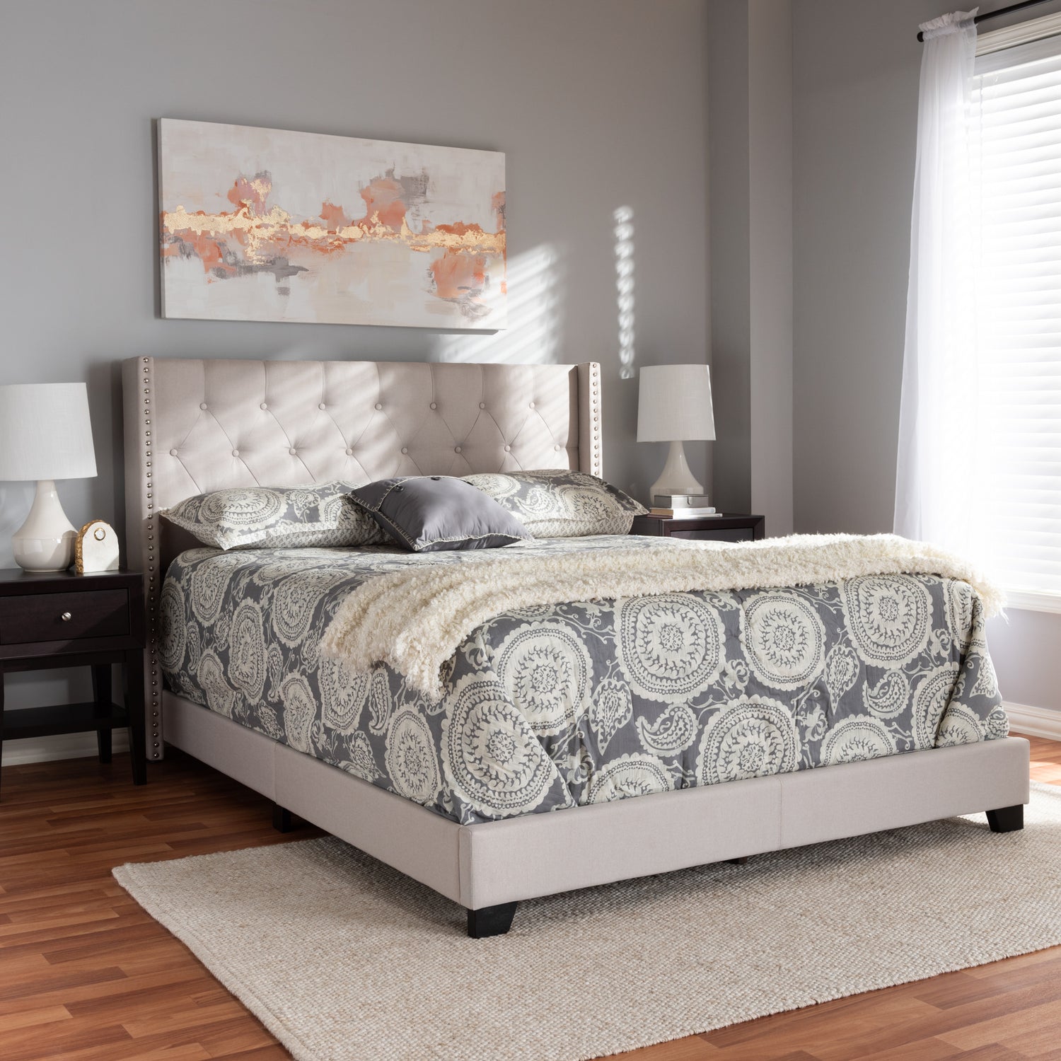 Brady Full Bed - Modern and Contemporary Beige Fabric Upholstered