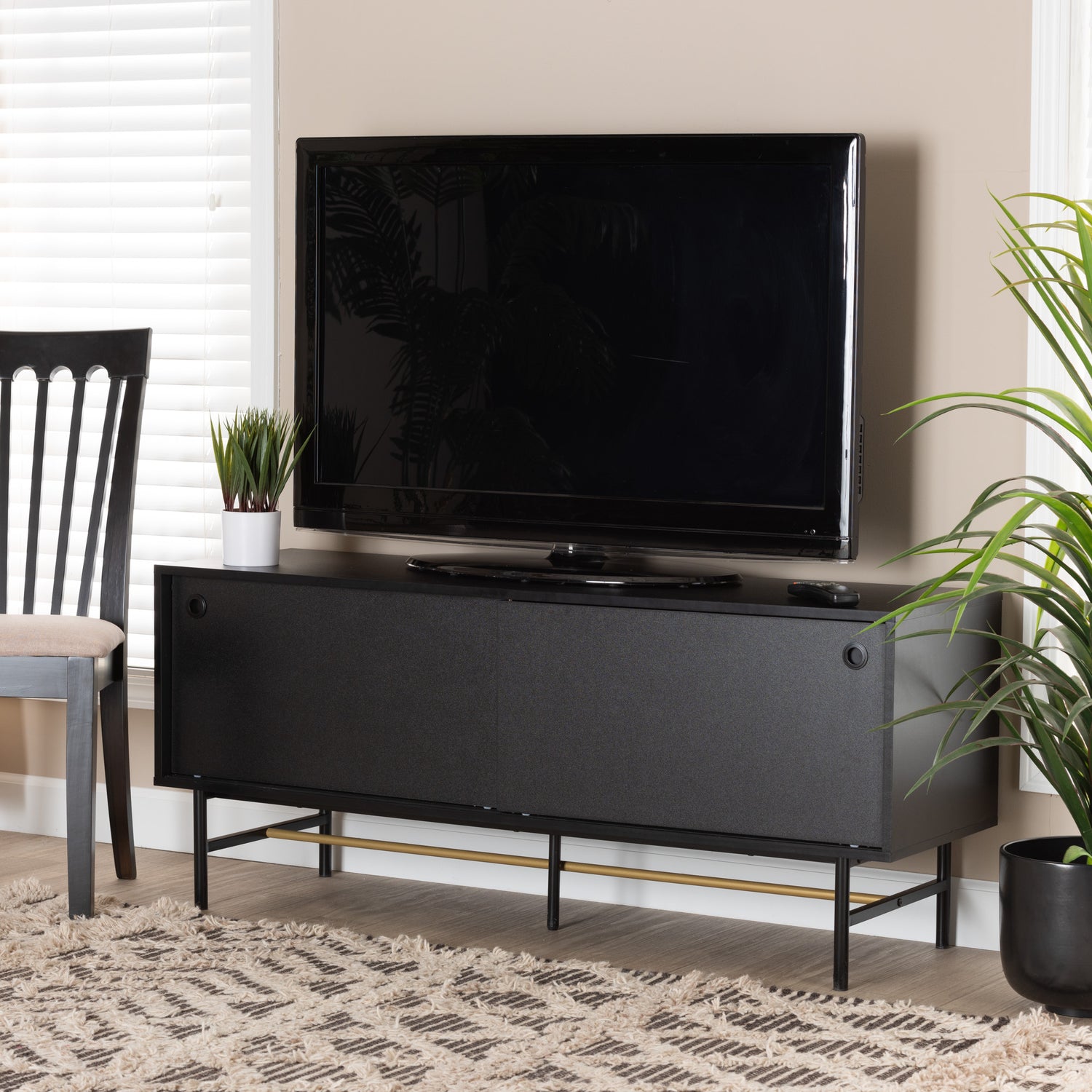 Truett Modern TV Stand in Dark Brown Wood with Two-Tone Black and Gold Metal Accents for Living Room Entertainment Center