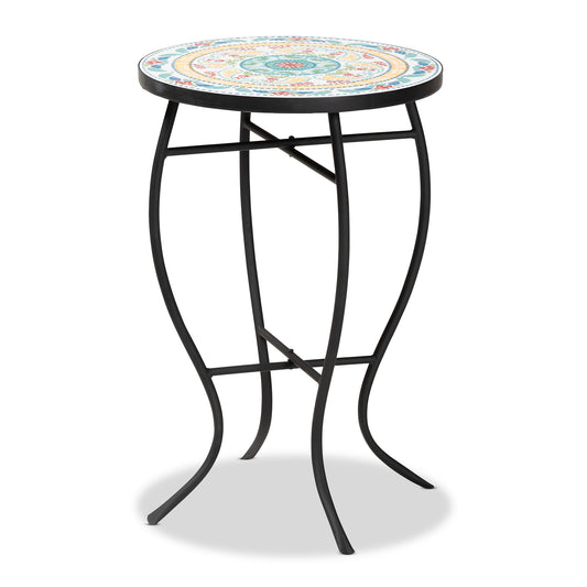 Gaenor Modern Plant Stand Black Metal Frame with Multi-Colored Ceramic Tile Top for Indoor and Outdoor Use