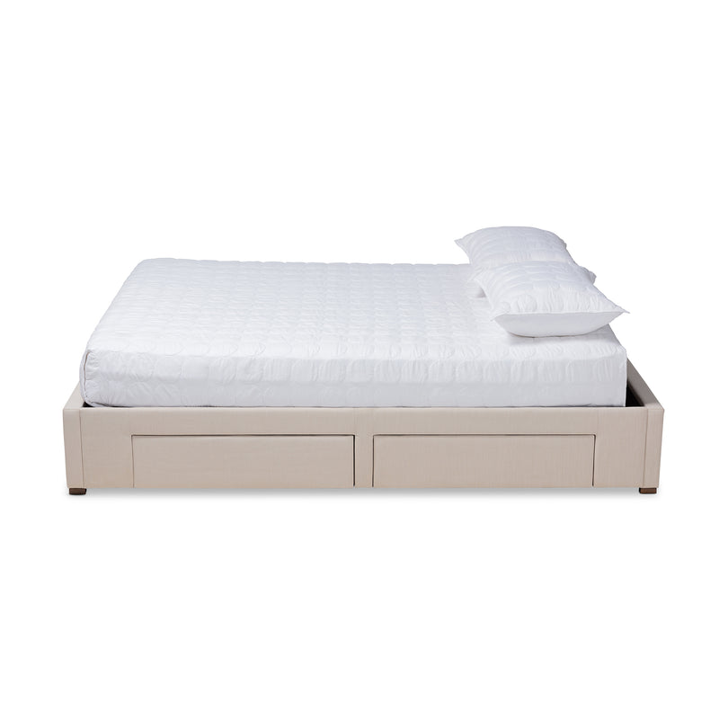 Leni Platform Storage Bed Frame - Modern and Contemporary Beige Fabric Upholstered 4-Drawer Design