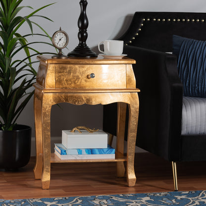 Harriet End Table Classic and Traditional Gold Finished Wood 1-Drawer