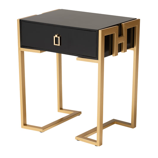 Luna End Table - Contemporary Glam Design with Black Wood and Gold Metal Accents