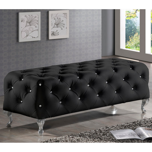 Stella Bench Crystal Tufted Black Leather Modern