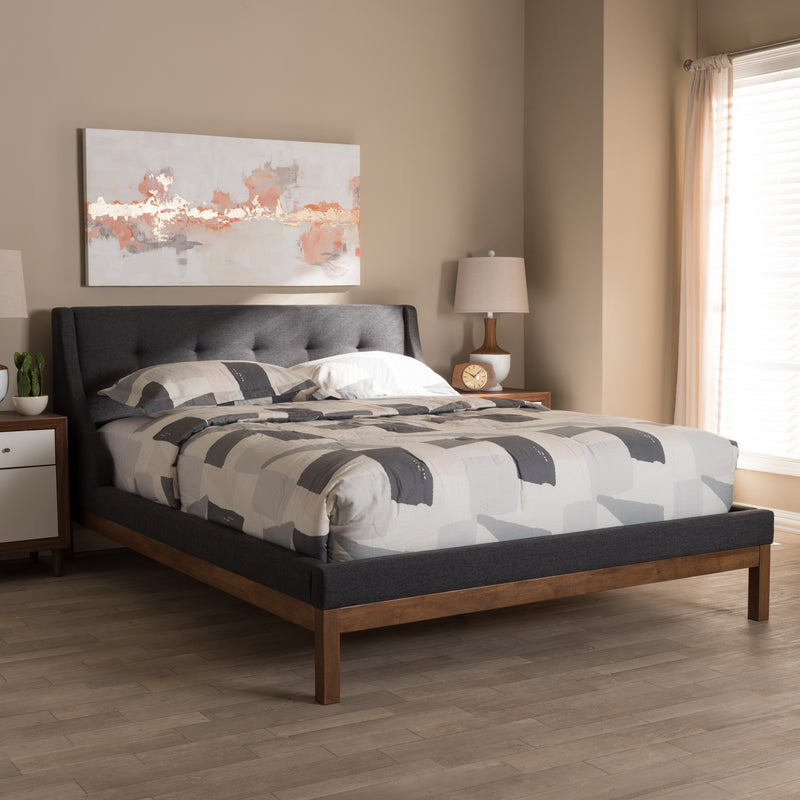 Louvain Platform Bed - Modern and Contemporary Dark Grey Fabric Upholstered with Walnut Finish