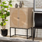 Ardon Storage Cabinet Bohemian Light Brown Wood and Black Metal 2-Door Design with Natural Rattan Accents for Stylish Home Organization